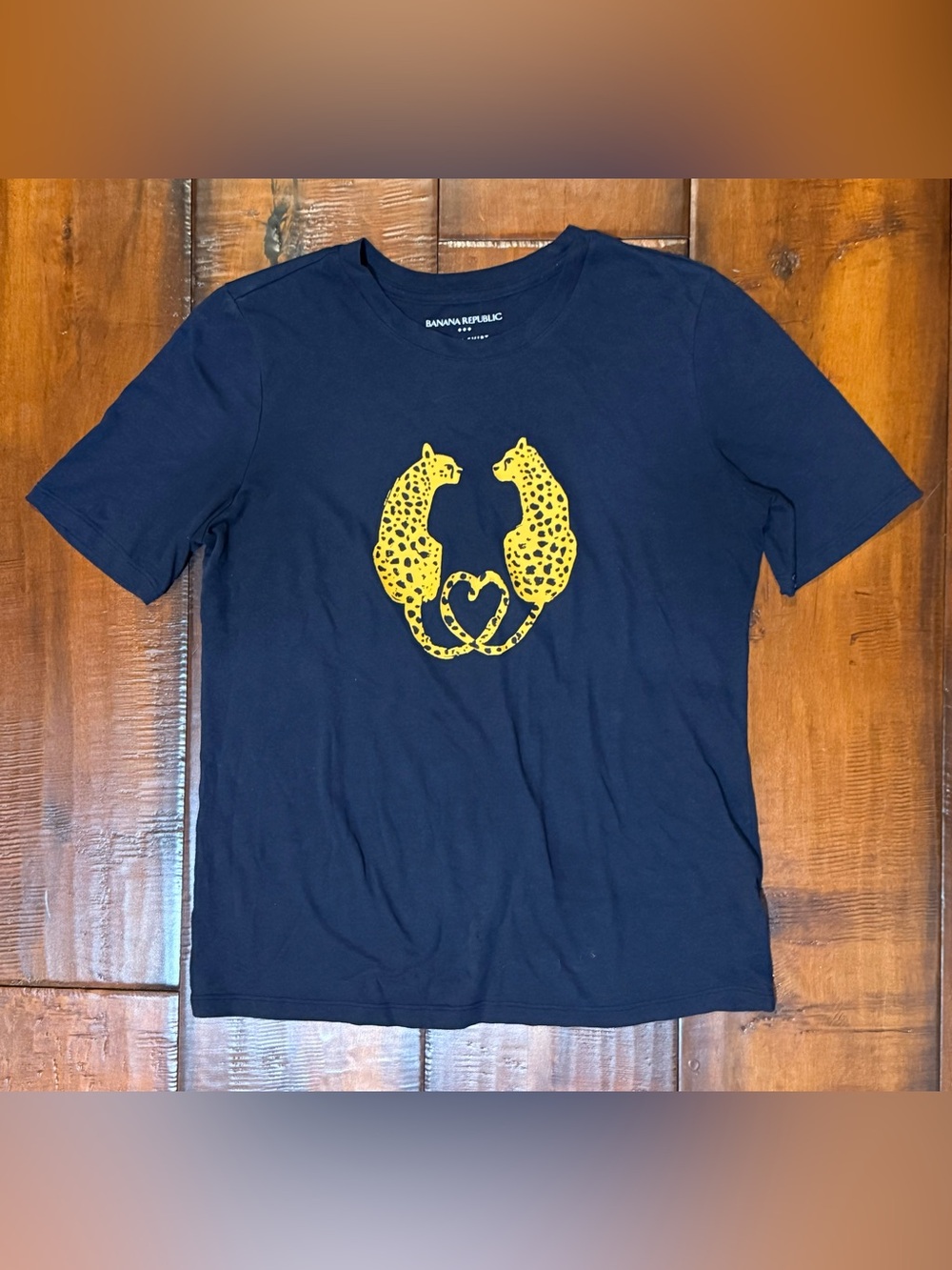 Banana Republic Black Tee with Yellow Leopard Heart Graphic